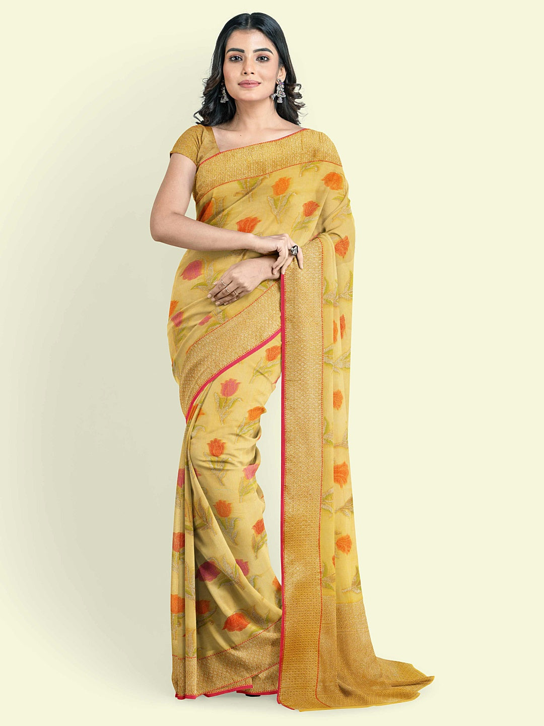 Faishana Presents Yellow Cotton Floral Booti Yellow Border With Yellow Blouse Banarasi Saree