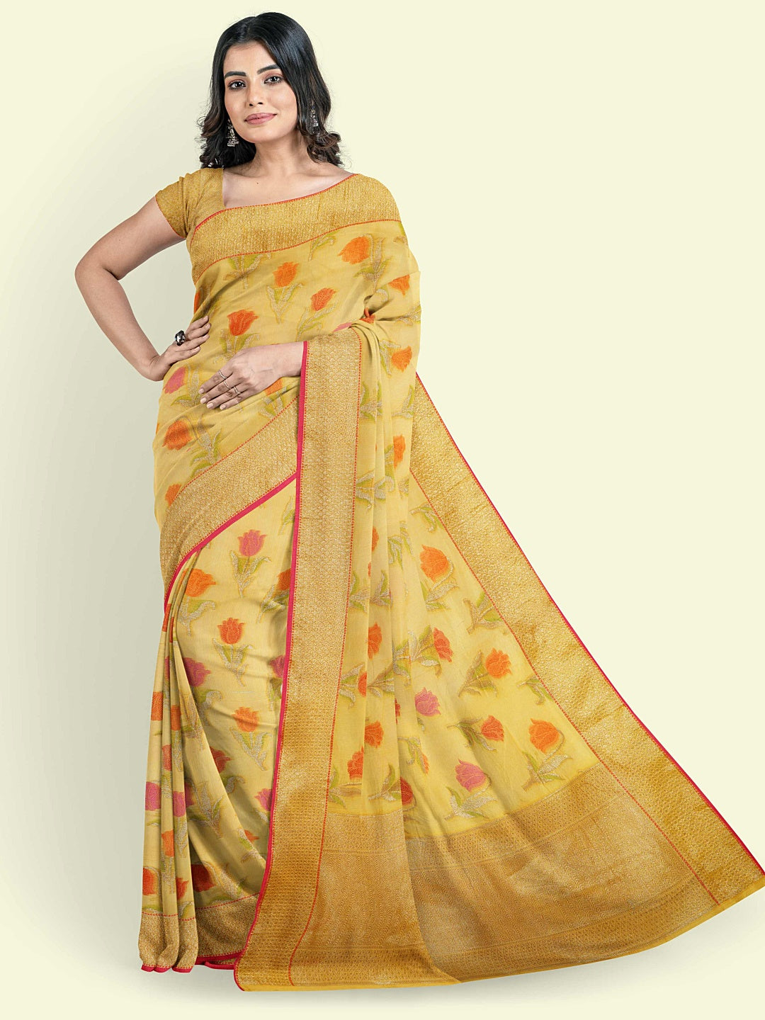 Faishana Presents Yellow Cotton Floral Booti Yellow Border With Yellow Blouse Banarasi Saree