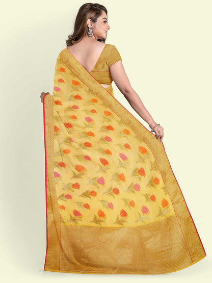 Faishana Presents Yellow Cotton Floral Booti Yellow Border With Yellow Blouse Banarasi Saree