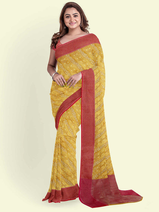 Faishana Presents Yellow Cotton Diagonal Pattern Strip Zari With Pink Border And Pink Blouse Banarasi Saree
