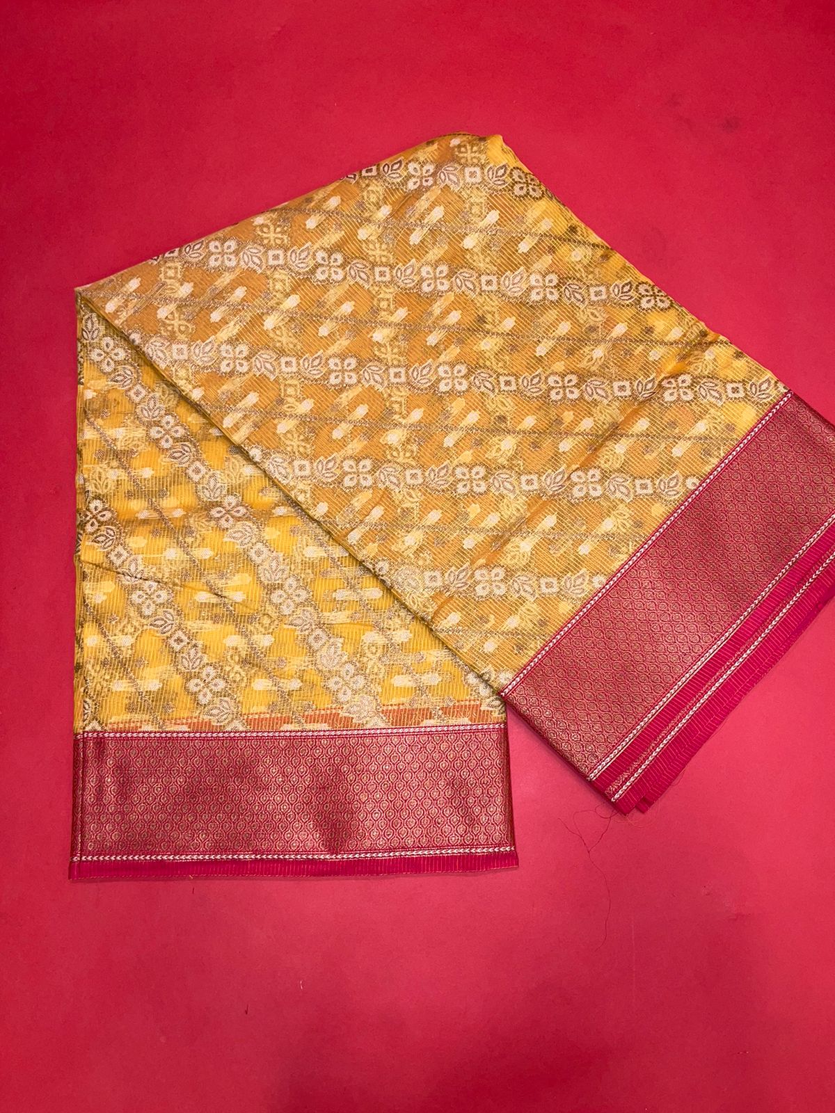 Faishana Presents Yellow Cotton Diagonal Pattern Strip Zari With Pink Border And Pink Blouse Banarasi Saree