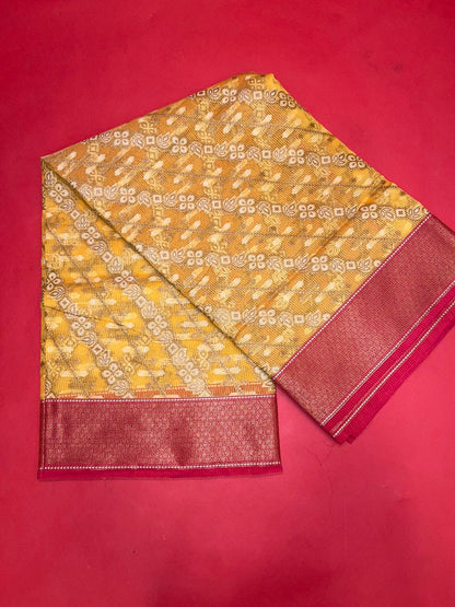 Faishana Presents Yellow Cotton Diagonal Pattern Strip Zari With Pink Border And Pink Blouse Banarasi Saree
