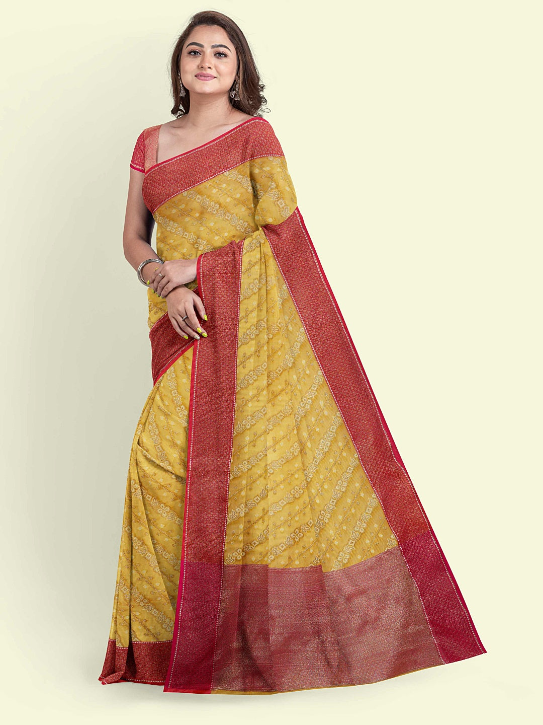Faishana Presents Yellow Cotton Diagonal Pattern Strip Zari With Pink Border And Pink Blouse Banarasi Saree