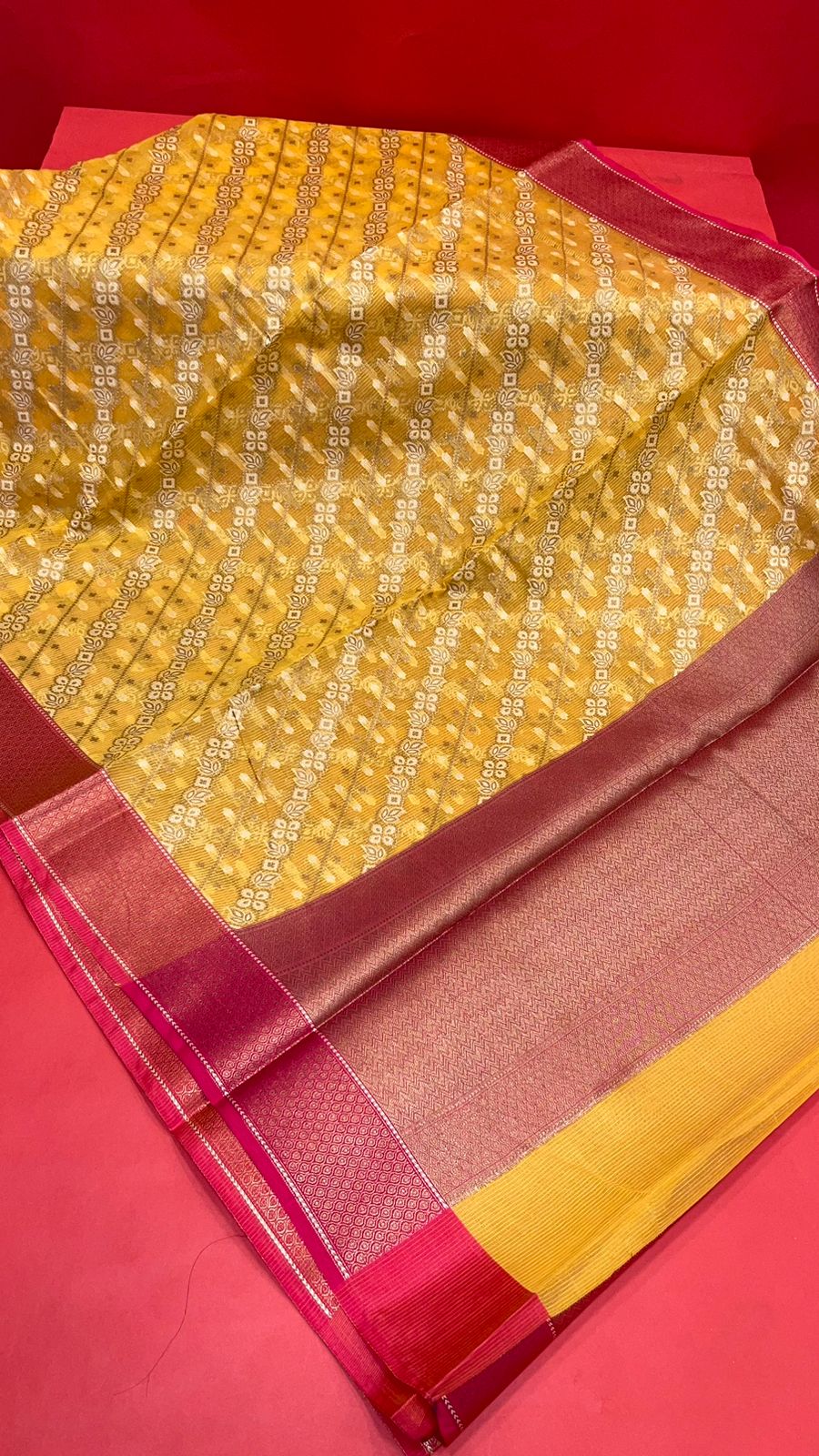Faishana Presents Yellow Cotton Diagonal Pattern Strip Zari With Pink Border And Pink Blouse Banarasi Saree
