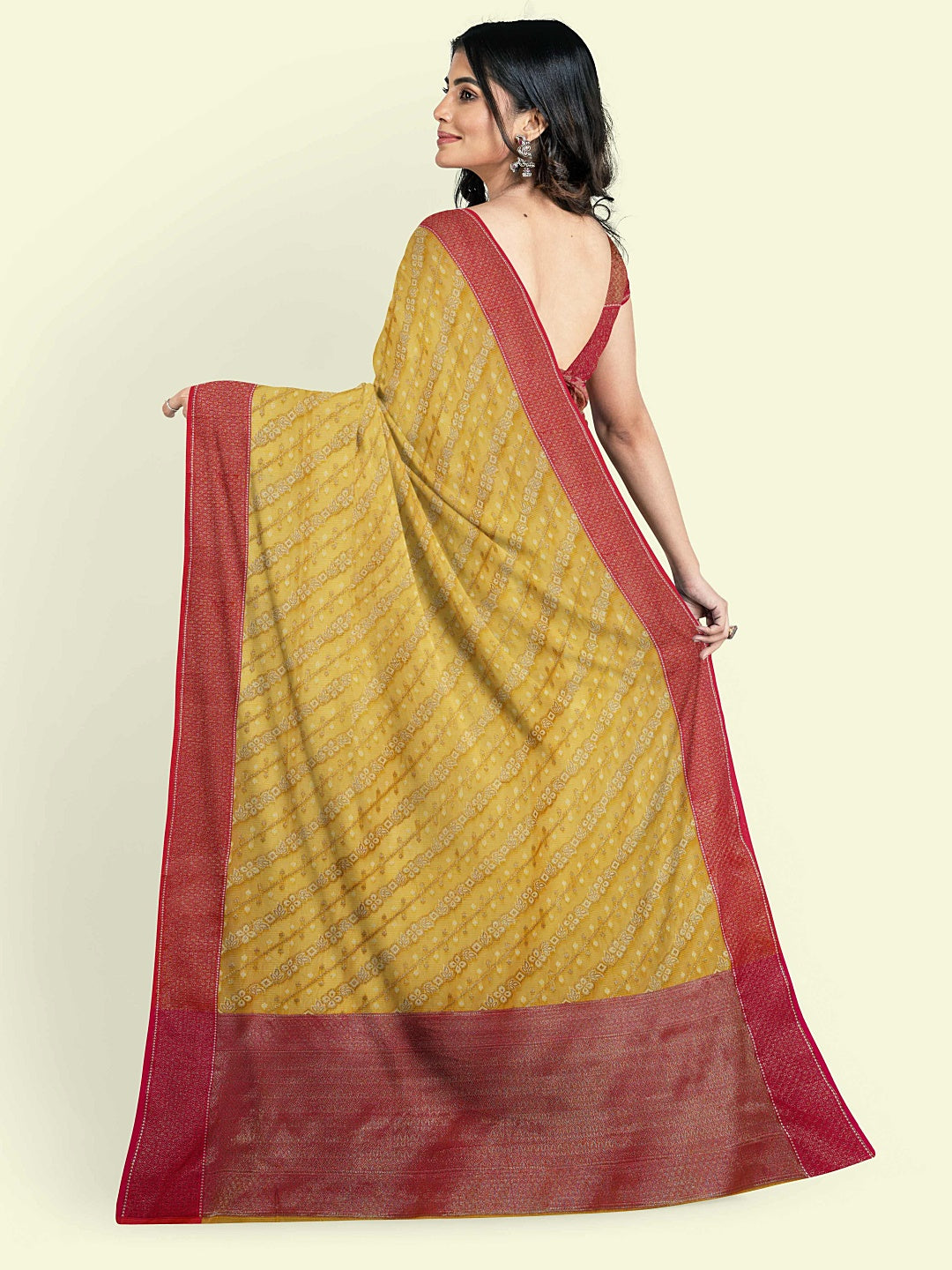 Faishana Presents Yellow Cotton Diagonal Pattern Strip Zari With Pink Border And Pink Blouse Banarasi Saree