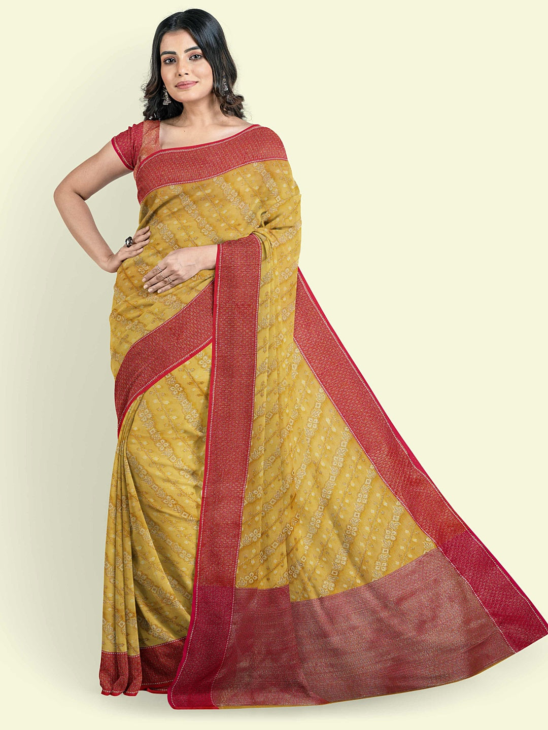 Faishana Presents Yellow Cotton Diagonal Pattern Strip Zari With Pink Border And Pink Blouse Banarasi Saree