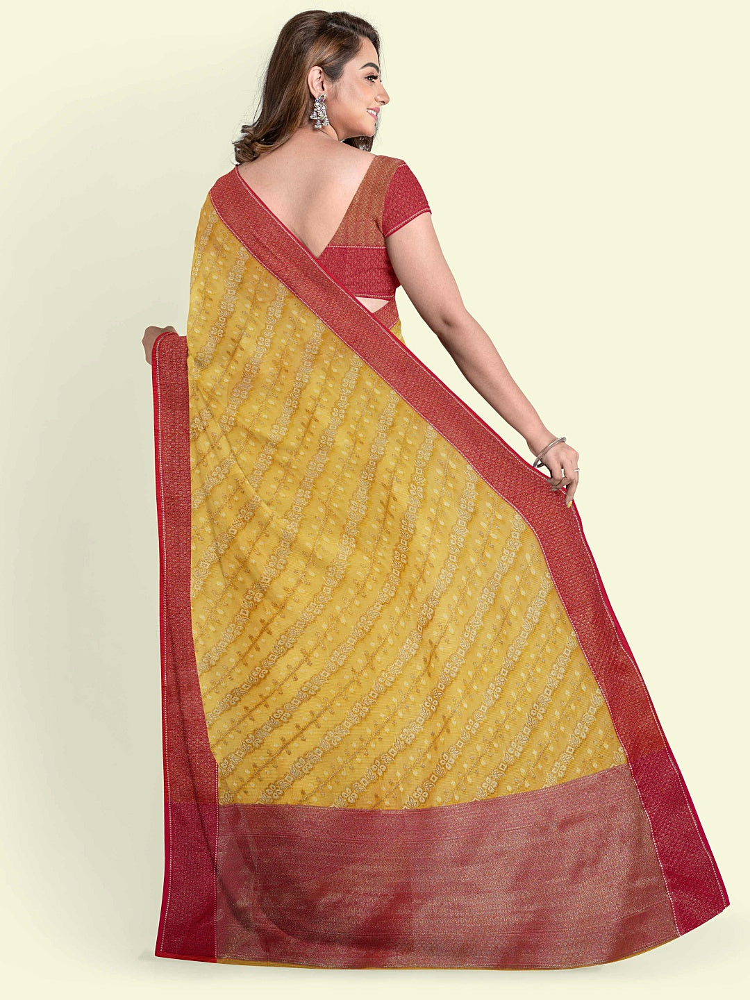 Faishana Presents Yellow Cotton Diagonal Pattern Strip Zari With Pink Border And Pink Blouse Banarasi Saree