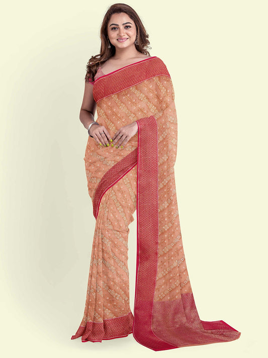 Faishana Presents Peach Cotton Diagonal Stripe Motif Pink Border With Pink Blouse Banarasi Saree