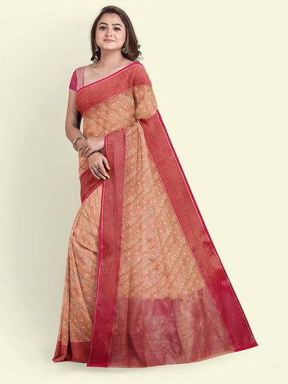 Faishana Presents Peach Cotton Diagonal Stripe Motif Pink Border With Pink Blouse Banarasi Saree