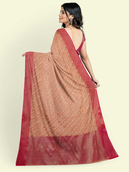 Faishana Presents Peach Cotton Diagonal Stripe Motif Pink Border With Pink Blouse Banarasi Saree