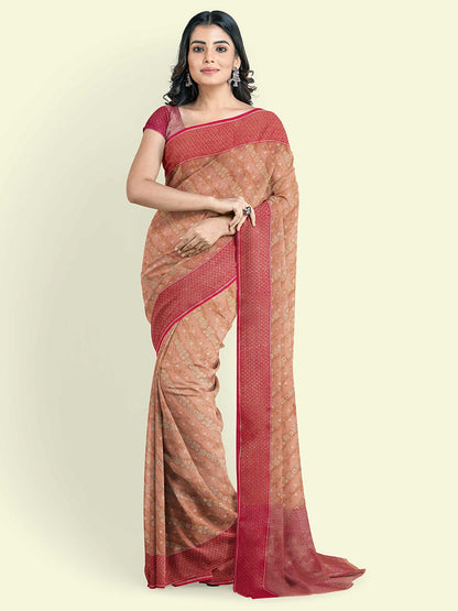Faishana Presents Peach Cotton Diagonal Stripe Motif Pink Border With Pink Blouse Banarasi Saree