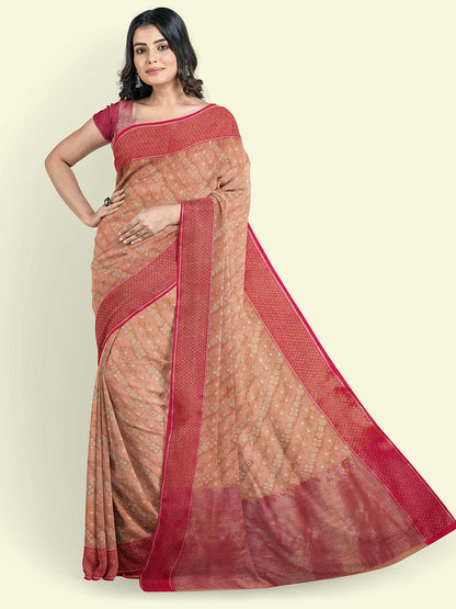 Faishana Presents Peach Cotton Diagonal Stripe Motif Pink Border With Pink Blouse Banarasi Saree