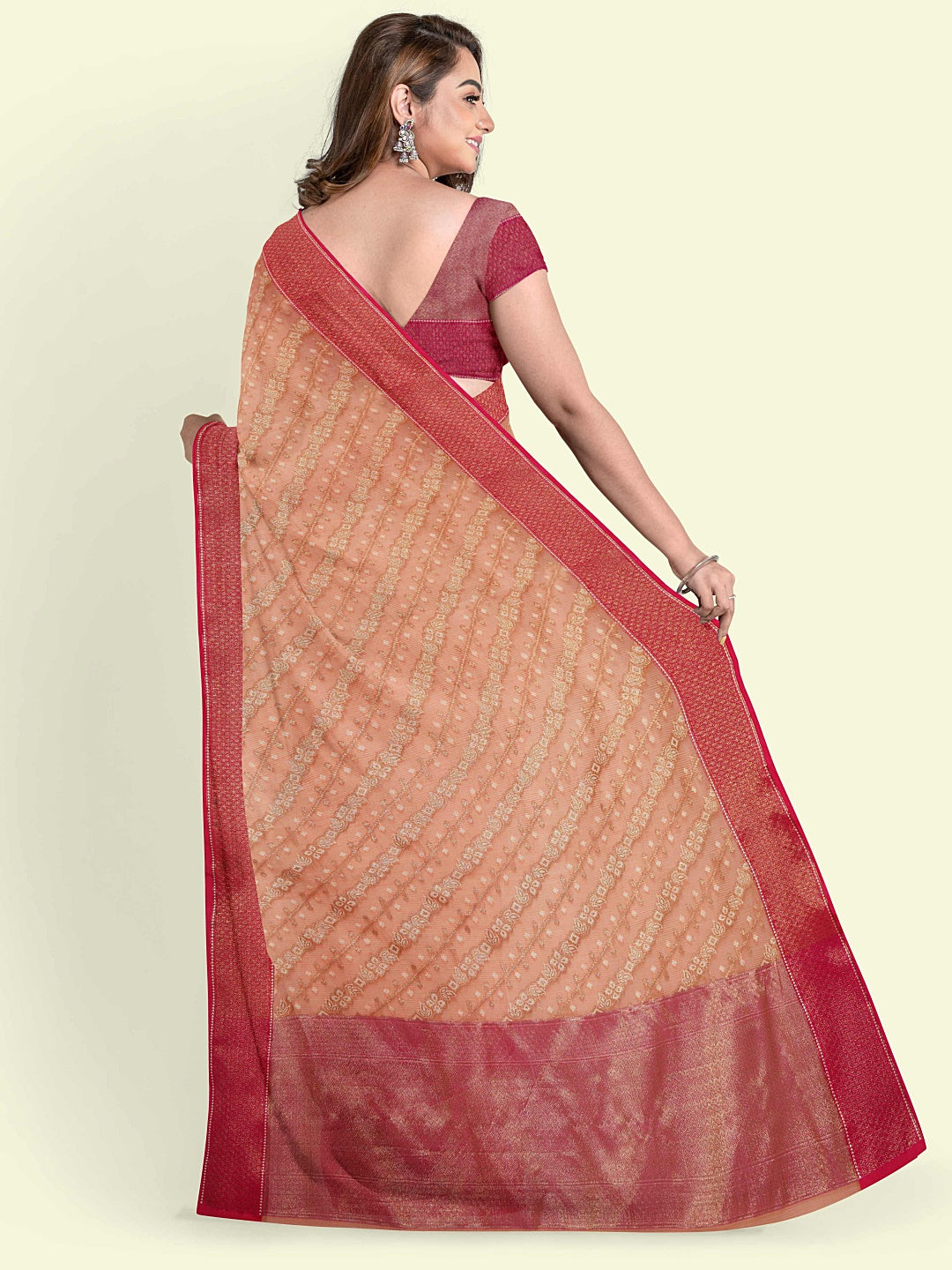 Faishana Presents Peach Cotton Diagonal Stripe Motif Pink Border With Pink Blouse Banarasi Saree