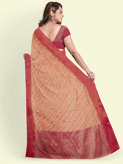 Faishana Presents Peach Cotton Diagonal Stripe Motif Pink Border With Pink Blouse Banarasi Saree