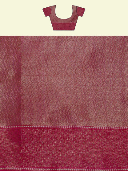 Faishana Presents Peach Cotton Diagonal Stripe Motif Pink Border With Pink Blouse Banarasi Saree