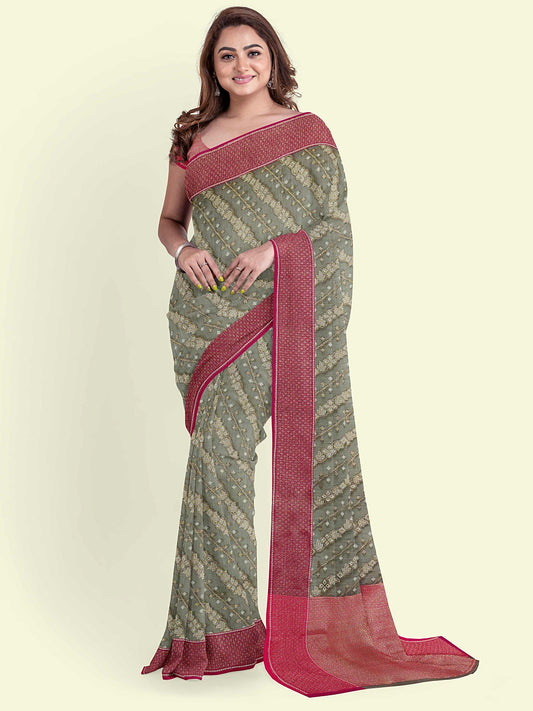 Faishana Presents Grey Cotton Diagonal Stripe Motif Pink Border With Pink Blouse Banarasi Saree