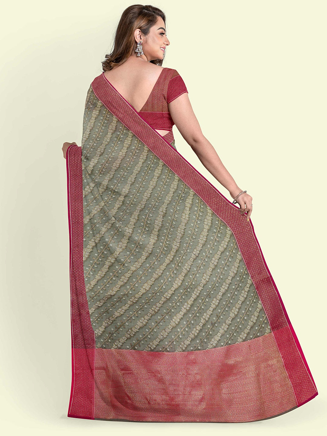 Faishana Presents Grey Cotton Diagonal Stripe Motif Pink Border With Pink Blouse Banarasi Saree