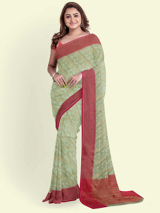 Faishana Presents Green Cotton Aada  Stripe Jaal With Saree With Pink Blouse Banarasi Saree