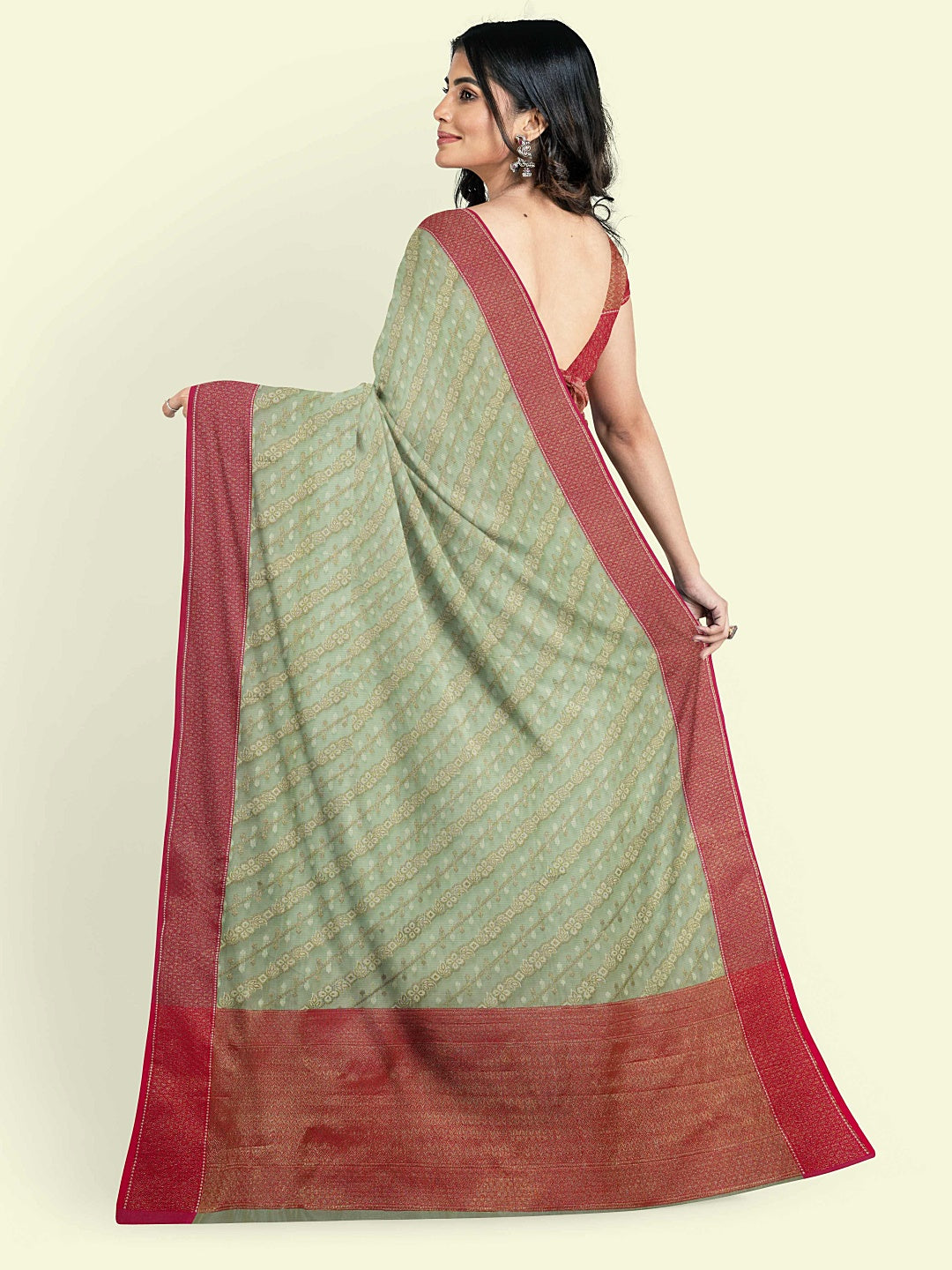 Faishana Presents Green Cotton Aada  Stripe Jaal With Saree With Pink Blouse Banarasi Saree