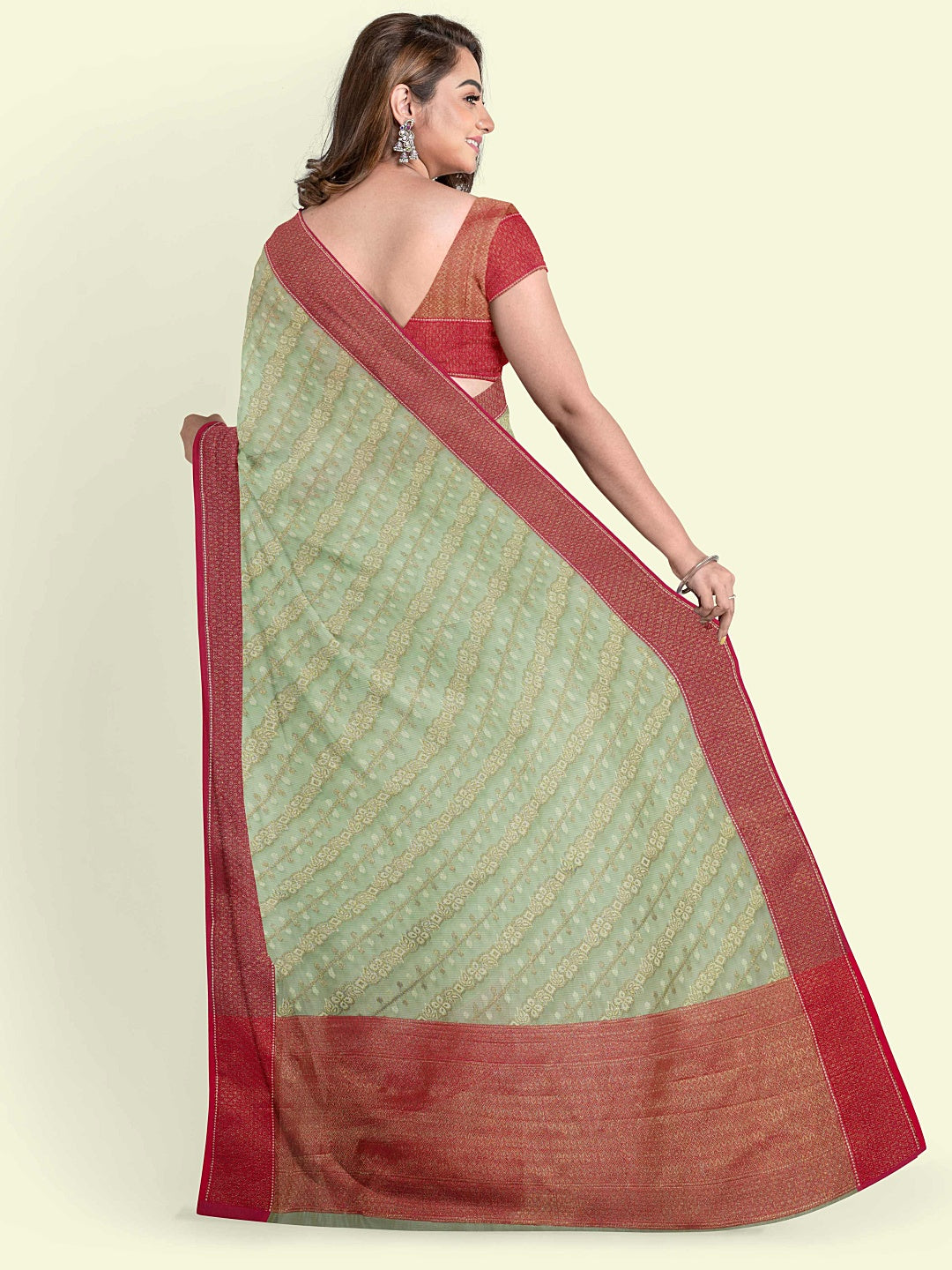 Faishana Presents Green Cotton Aada  Stripe Jaal With Saree With Pink Blouse Banarasi Saree