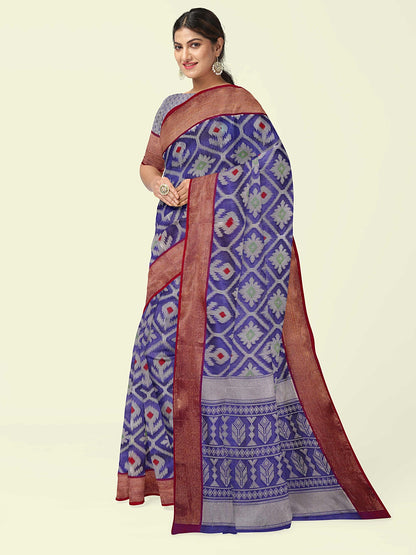 Faishana Presents Blue Cotton Floral Meena Jaal With Blue Blouse Banarasi Saree