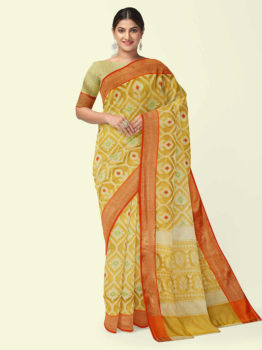 Faishana Presents Yellow Cotton Floral Meena Jaal With Yellow Blouse Banarasi Saree