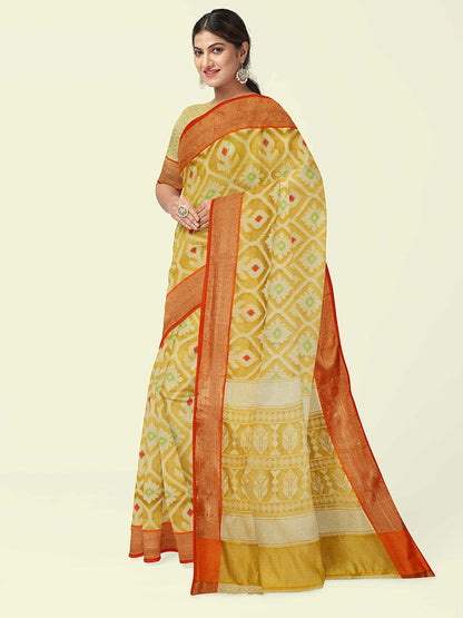 Faishana Presents Yellow Cotton Floral Meena Jaal With Yellow Blouse Banarasi Saree