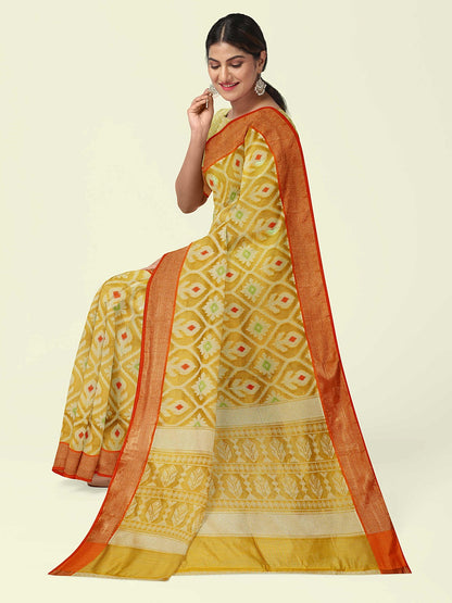 Faishana Presents Yellow Cotton Floral Meena Jaal With Yellow Blouse Banarasi Saree