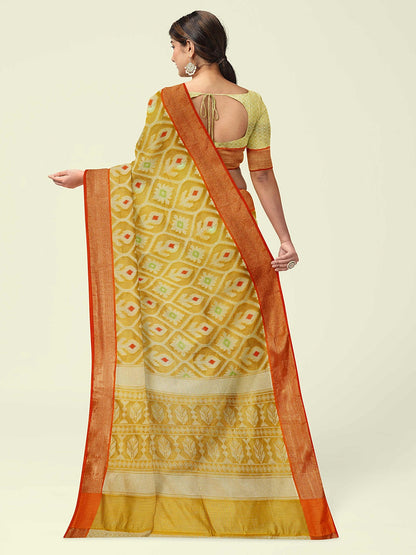 Faishana Presents Yellow Cotton Floral Meena Jaal With Yellow Blouse Banarasi Saree