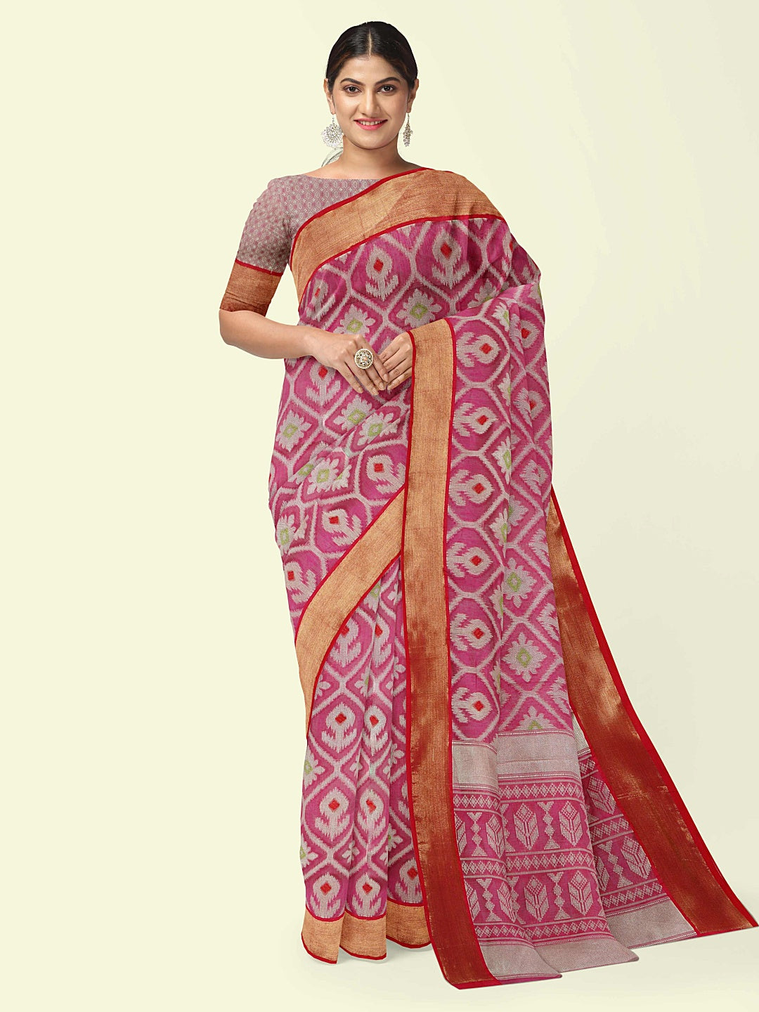 Faishana Presents Magenta Cotton Floral Meena Jaal With Yellow Blouse Banarasi Saree
