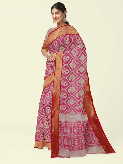 Faishana Presents Magenta Cotton Floral Meena Jaal With Yellow Blouse Banarasi Saree