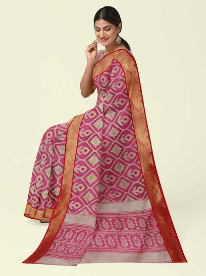 Faishana Presents Magenta Cotton Floral Meena Jaal With Yellow Blouse Banarasi Saree