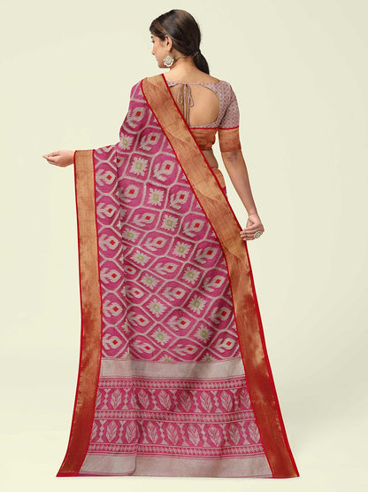 Faishana Presents Magenta Cotton Floral Meena Jaal With Yellow Blouse Banarasi Saree