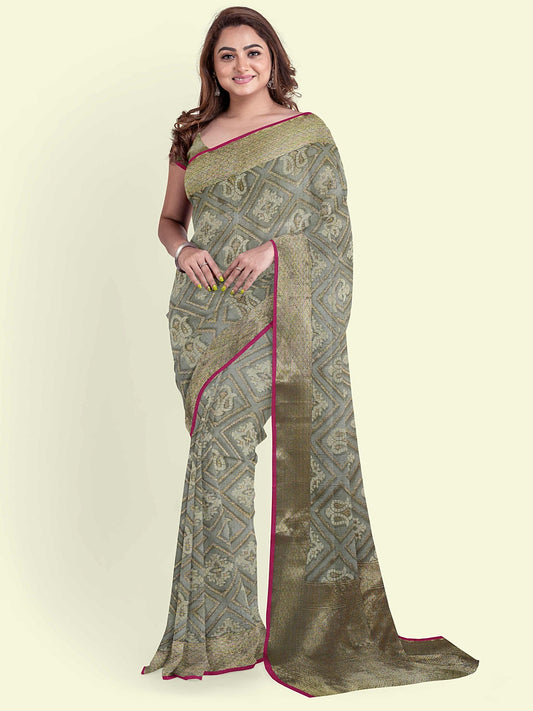 Faishana Presents Grey Cotton Paisley Jaal Meena Border With Grey Blouse Banarasi Saree