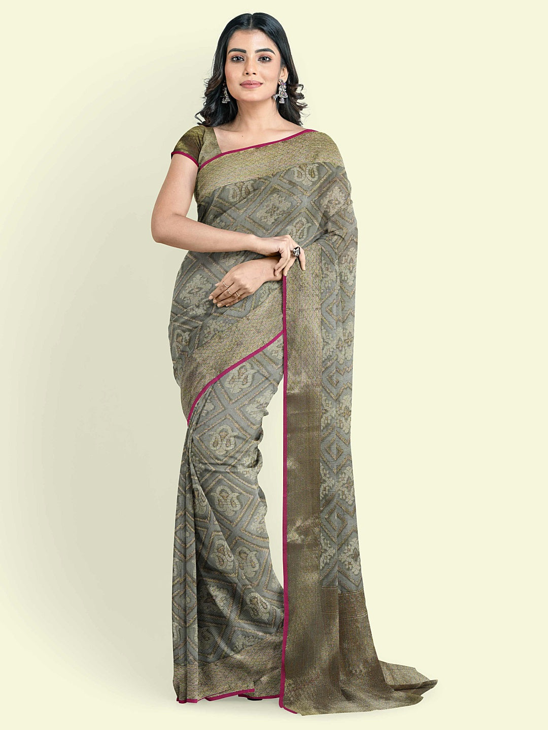 Faishana Presents Grey Cotton Paisley Jaal Meena Border With Grey Blouse Banarasi Saree