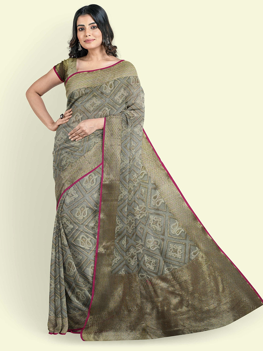 Faishana Presents Grey Cotton Paisley Jaal Meena Border With Grey Blouse Banarasi Saree