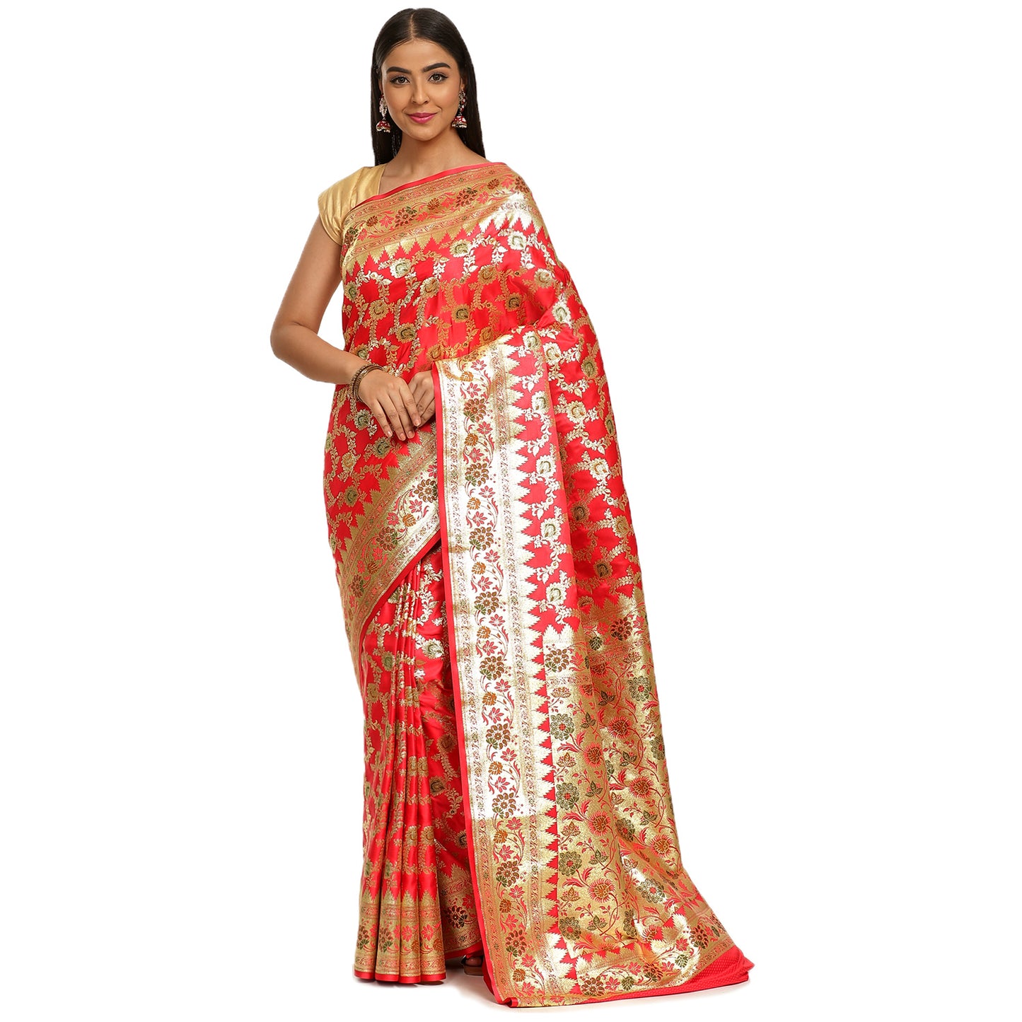 Faishana Presents Peach Meena Jaal Mughal Motif Banarasi Katan Silk Saree With Paithani Meena Anchal Borde