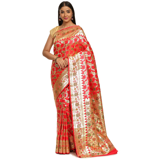 Faishana Presents Peach Meena Jaal Mughal Motif Banarasi Katan Silk Saree With Paithani Meena Anchal Borde