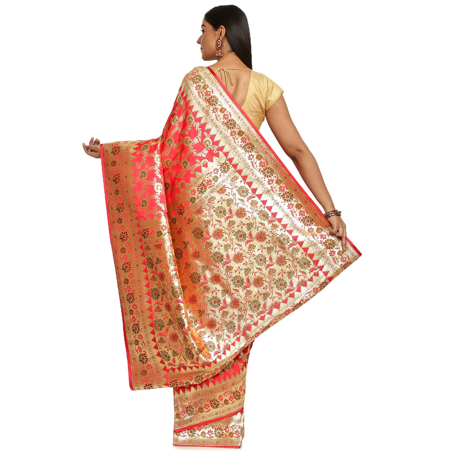 Faishana Presents Peach Meena Jaal Mughal Motif Banarasi Katan Silk Saree With Paithani Meena Anchal Borde