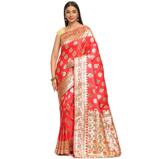 Faishana Presents Peach Meena Boota Mughal Motif Banarasi Katan Silk Saree With Paithani Meena Anchal Borde
