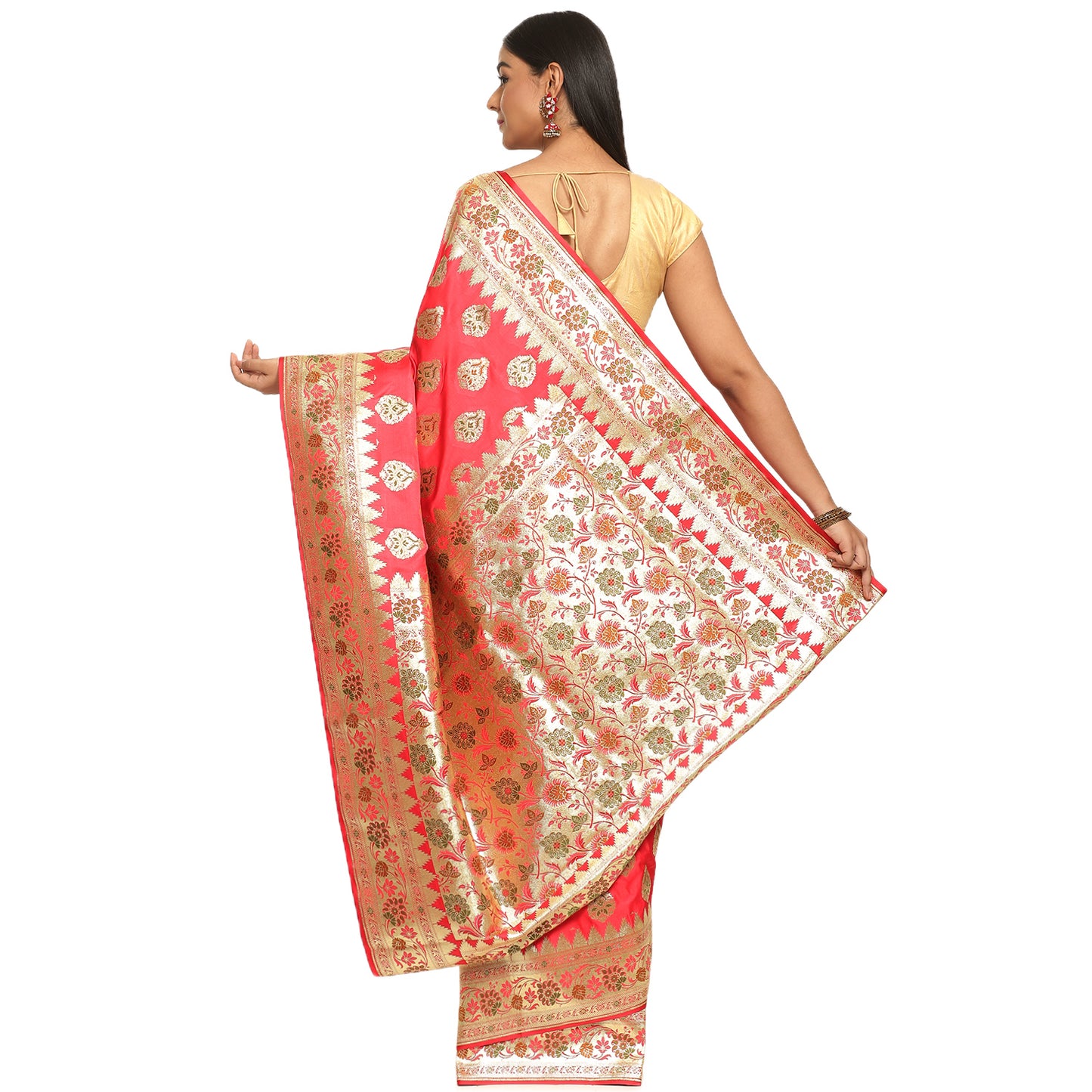 Faishana Presents Peach Meena Boota Mughal Motif Banarasi Katan Silk Saree With Paithani Meena Anchal Borde