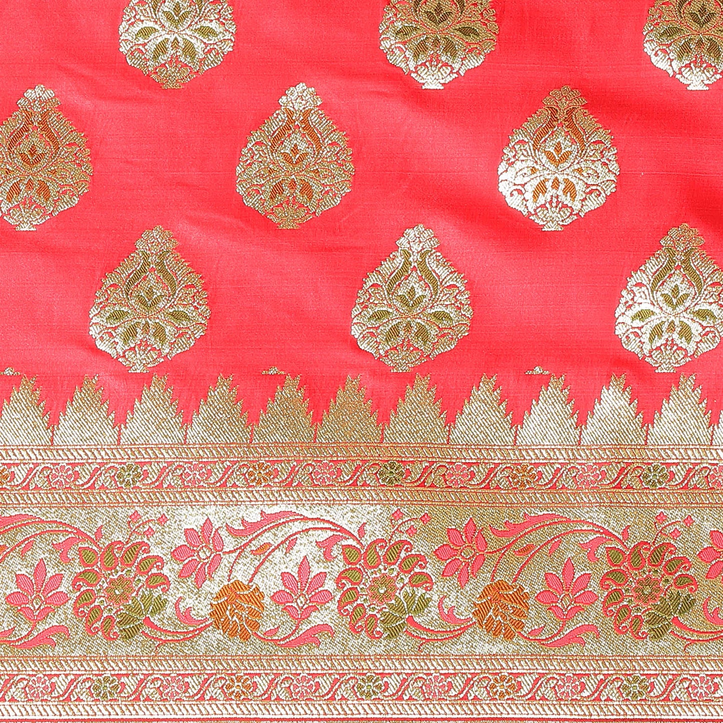 Faishana Presents Peach Meena Boota Mughal Motif Banarasi Katan Silk Saree With Paithani Meena Anchal Borde