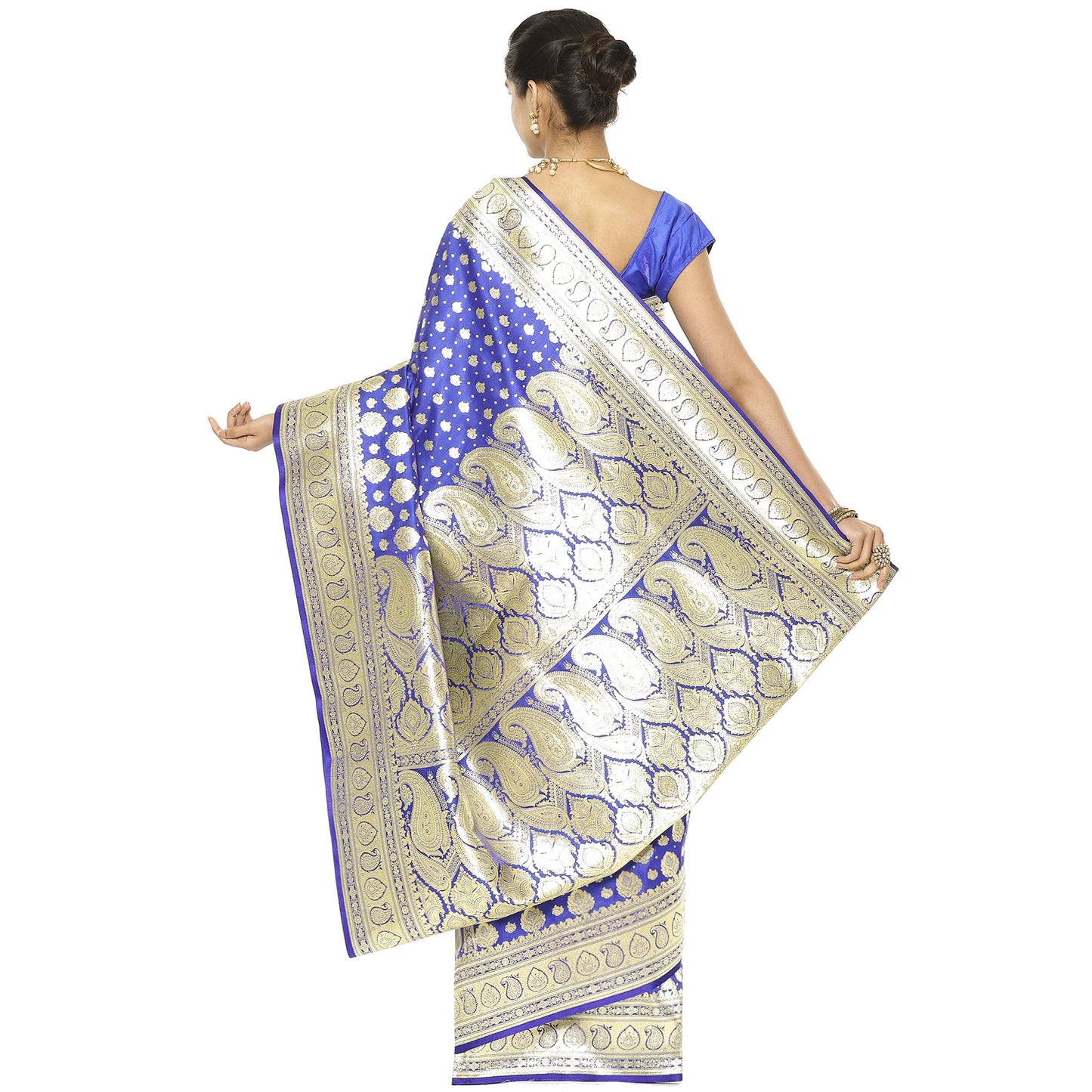 Faishana Blue Satin Silk Half Half Patli Zari Booti Banarasi Saree with Blue Blouse Piece