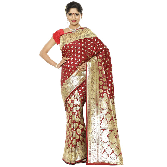 Faishana Presents Maroon Satin Silk Half Half Patli Zari Jaal Banarasi Saree With Maroon Blouse Piece