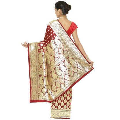Faishana Presents Maroon Satin Silk Half Half Patli Zari Jaal Banarasi Saree With Maroon Blouse Piece