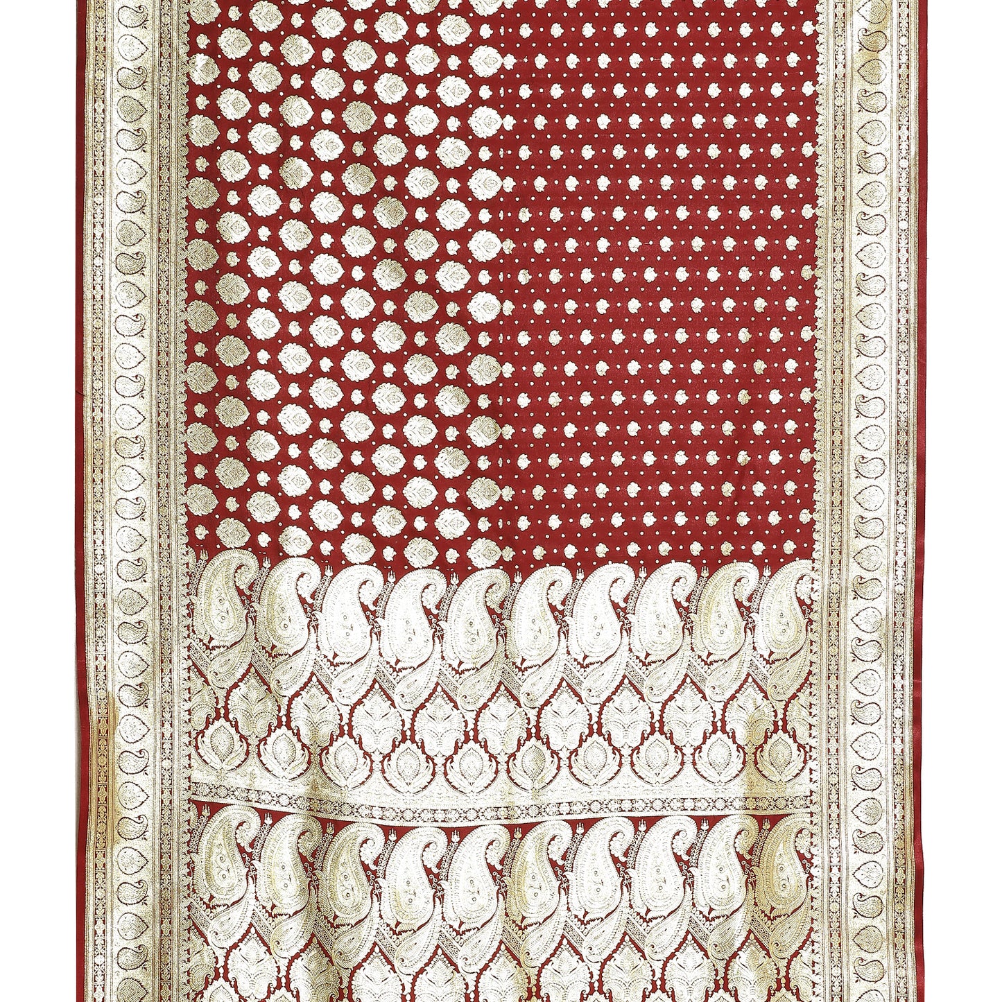 Faishana Presents Maroon Satin Silk Half Half Patli Zari Jaal Banarasi Saree With Maroon Blouse Piece