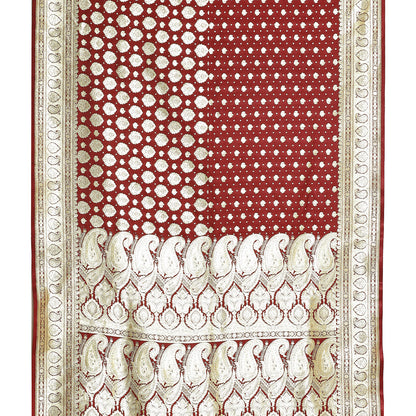 Faishana Presents Maroon Satin Silk Half Half Patli Zari Jaal Banarasi Saree With Maroon Blouse Piece