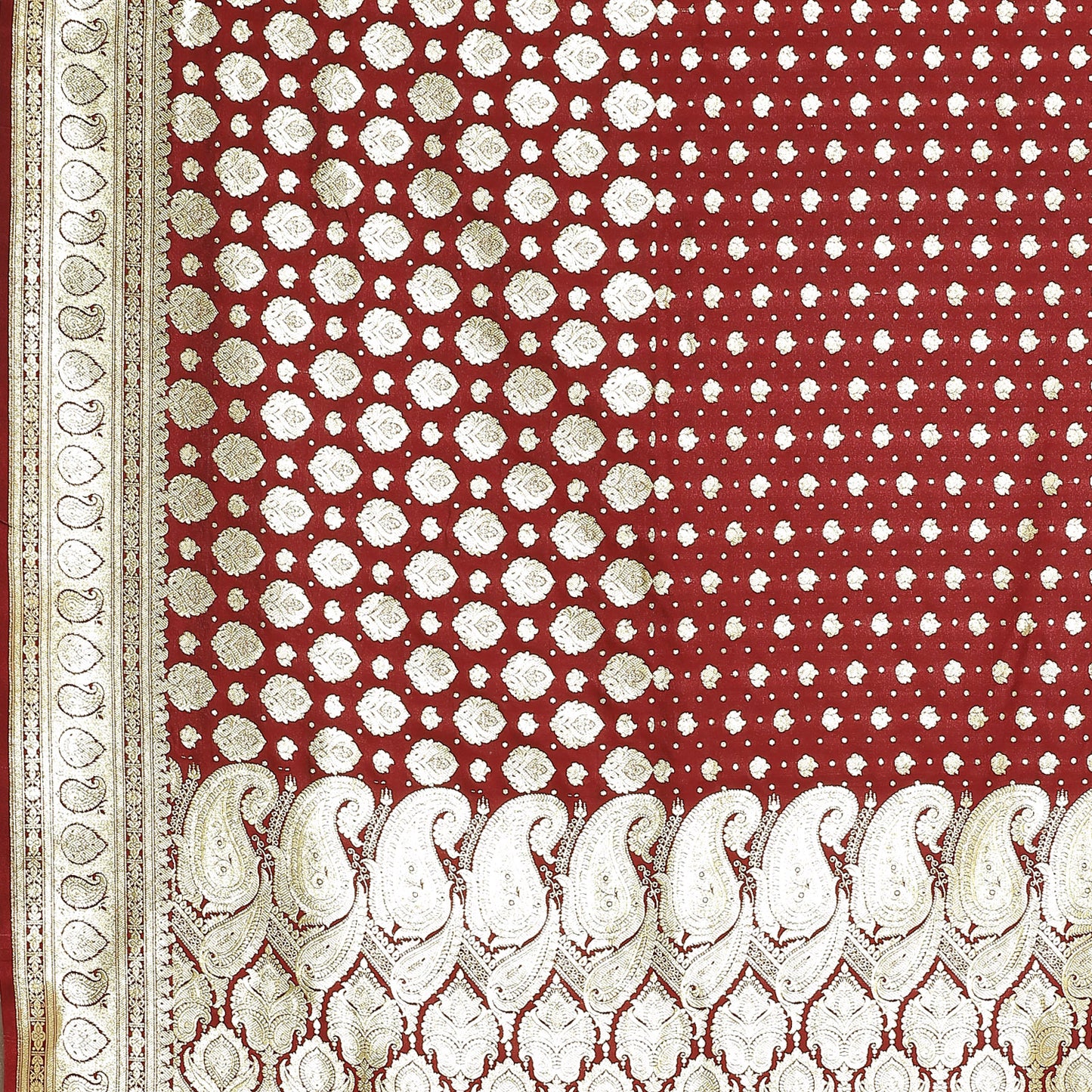 Faishana Presents Maroon Satin Silk Half Half Patli Zari Jaal Banarasi Saree With Maroon Blouse Piece