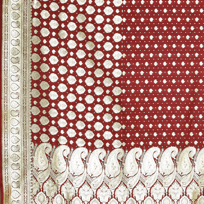 Faishana Presents Maroon Satin Silk Half Half Patli Zari Jaal Banarasi Saree With Maroon Blouse Piece