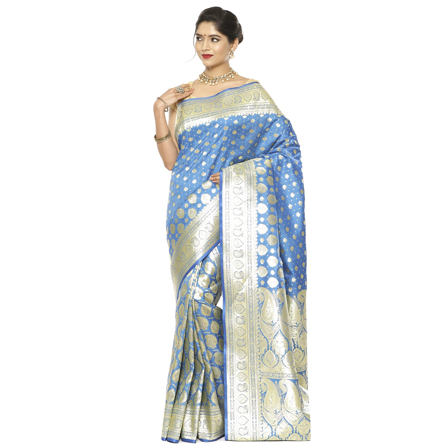 Faishana Turquoise Blue Satin Silk Half Half Patli Zari Jaal Saree With Turqouise Blue Blouse Piece